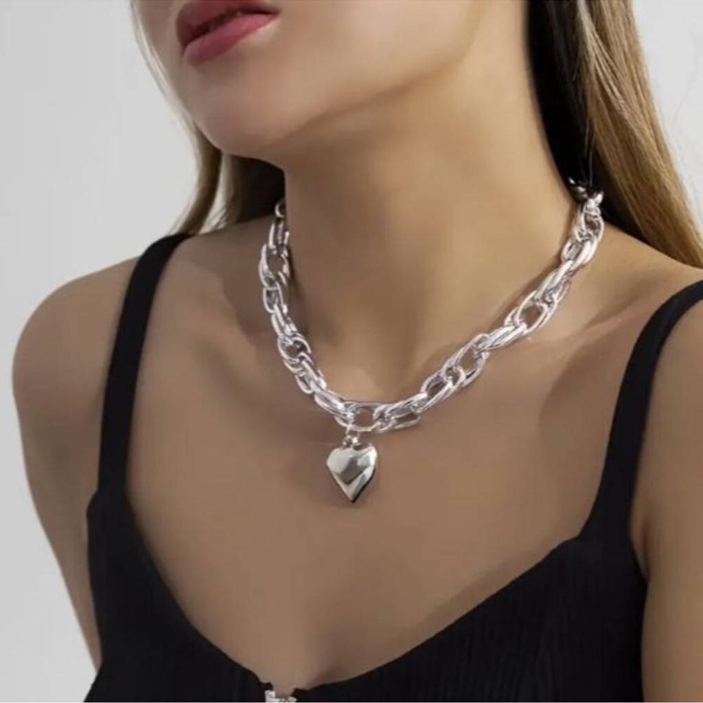 New Punk 18k Gold Plated Silver Chrome Shiny Heart Chunky Chain Choker Necklace